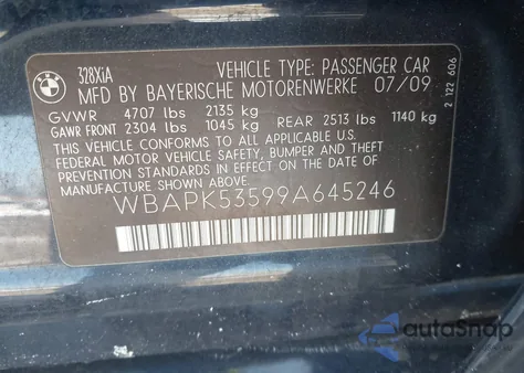 2009 BMW 328I xDrive z USA, uszkodzony, nr VIN WBAPK53599A645246